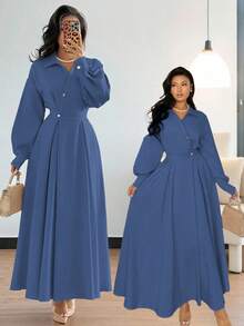 Chiquease 女式翻领落肩长袖收腰 A 字裙，适合外出、度假、节假日和旅行 - 藍色 - 查看 4