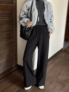 DAZY Quần dài lưng thun co giãn thẳng màu trơn lót nhiệt dành cho nữ, thích hợp mặc đi làm vào mùa thu/đông Quần dài thường ngày lót nhiệt màu trơn dành cho nữ - màu đen - Xem 5