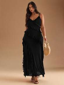 SHEIN BAE Đầm maxi cổ yếm in hoa họa tiết da báo thời trang mùa hè thanh lịch dành cho nữ cỡ lớn, thích hợp cho các buổi hòa nhạc, đi làm tốt nghiệp - màu đen - Xem 3