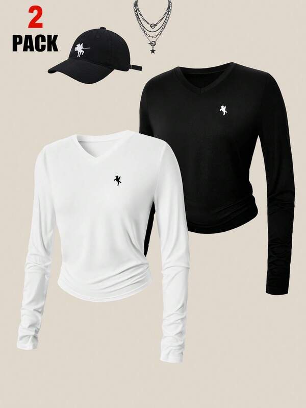 SHEIN Set de 2 blusas de manga larga con cuello en V y gráfico de caballo, estilo minimalista y casual para adolescentes, en colores negro y blanco