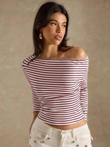 SHEIN BAE 女式条纹不对称肩长袖收腰短款时尚T恤 - 紅色 - 查看 7