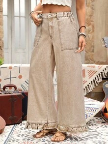 EMERY ROSE Quần ống rộng dáng suông, viền bèo, chất liệu denim, kiểu dáng nghỉ mát, cỡ lớn. - Màu be - Xem 5