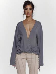 MUSERA Blusa de manga larga con cuello en V profundo, ajuste holgado, detalle de nudo delantero, sexy para salir de noche, invierno, linda ropa de calle, vacaciones, fiesta, primavera festiva - Gris Oscuro - Ver 1