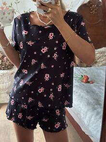 CottageSlumber Floral Rib Knit Loose Fit Short Sleeve Top & Shorts Women Pajama Set Black Pj Set Women, Christmas - Black - View 3