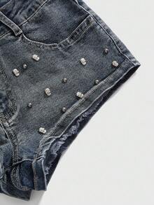 ROMWE J-Fashion Women's Super Low Waist Sexy Vintage Punk Distressed Skull Studded Decoration Denim Shorts - Royal Blue - View 2