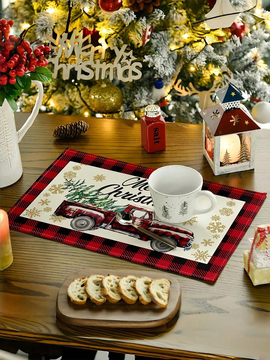 Cirelle 4 Stück Weihnachts-Tischdecke mit Cartoon Auto- und Weihnachtsbaum-Mustern, die eine festliche Atmosphäre im Restaurant schaffen und überraschende Weihnachtsgeschenke präsentieren - Weihnachts-Tischset - Übersicht 1