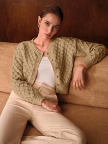 MOTF PREMIUM WOMEN'S ROUND NECK LONG SLEEVE RHINESTONE DECOR ELEGANT LONG SLEEVE CARDIGAN - Khaki - View 7