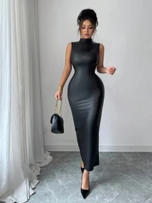 SHEIN Elenzya 新款女式立领无袖弹力皮革面料后腰带蝴蝶结侧开衩性感修身长裙，优雅适合秋冬季约会、聚会、外出 - 黑色 - 查看 5