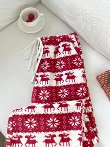 Elamini 1 Quần dài thường ngày co giãn có dây rút họa tiết Giáng sinh màu đỏ cho nữ, thu/đông - Đỏ - Xem 4