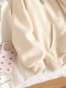 Teen Girl Casual Hooded Zip-Up Sweatshirt With Pink Bow Embroidery And Pockets, Suitable For School, Commuting, Walking, Matching With Sweatpants, Long Sleeves, Sweaters