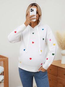 SHEIN 孕妇休闲心形刺绣抽绳连帽落肩毛衣，秋冬