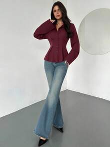 Firerie Women's Casual Elegant Waist-Cinched Brown Long-Sleeved Shirt, Suitable For Daily Commuting, Business Negotiations, Work Uniforms, Teacher Outfits/Fall Women Clothes/Fall Tops/Tops For School/Back To School Outfits Women/Teacher Shirts/Going Out Tops/Business Casual Woman,Red Top - Burgundy - View 7