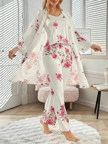 SHEIN Bộ đồ ngủ in hoa dệt kim thoải mái, áo hai dây, quần và áo choàng, bộ đồ ngủ họa tiết hoa, quần áo thu đông - Màu be - Xem 3