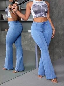 SHEIN ICON Plus Size Women's Fashionable Casual Washed Flare Pants - Light Wash - View 3