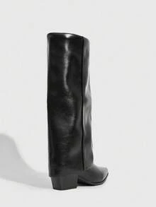 CUCCOO SZL Bottes hautes à bout pointu et enfiler pour femmes, en cuir lisse noir avec talon épais, mi-mollet, sexy et polyvalentes