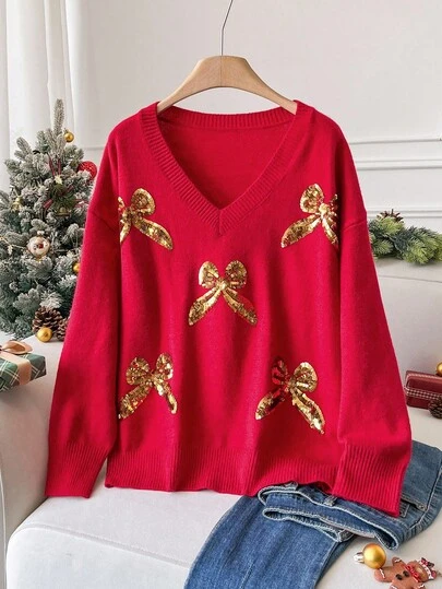 CosyJoli Plus Size Women Casual Fashionable Colorblock Sequin Bow Decor V-Neck Dropped Shoulder Loose Pullover Red Sweater, Autumn/Winter Christmas Red/New Year