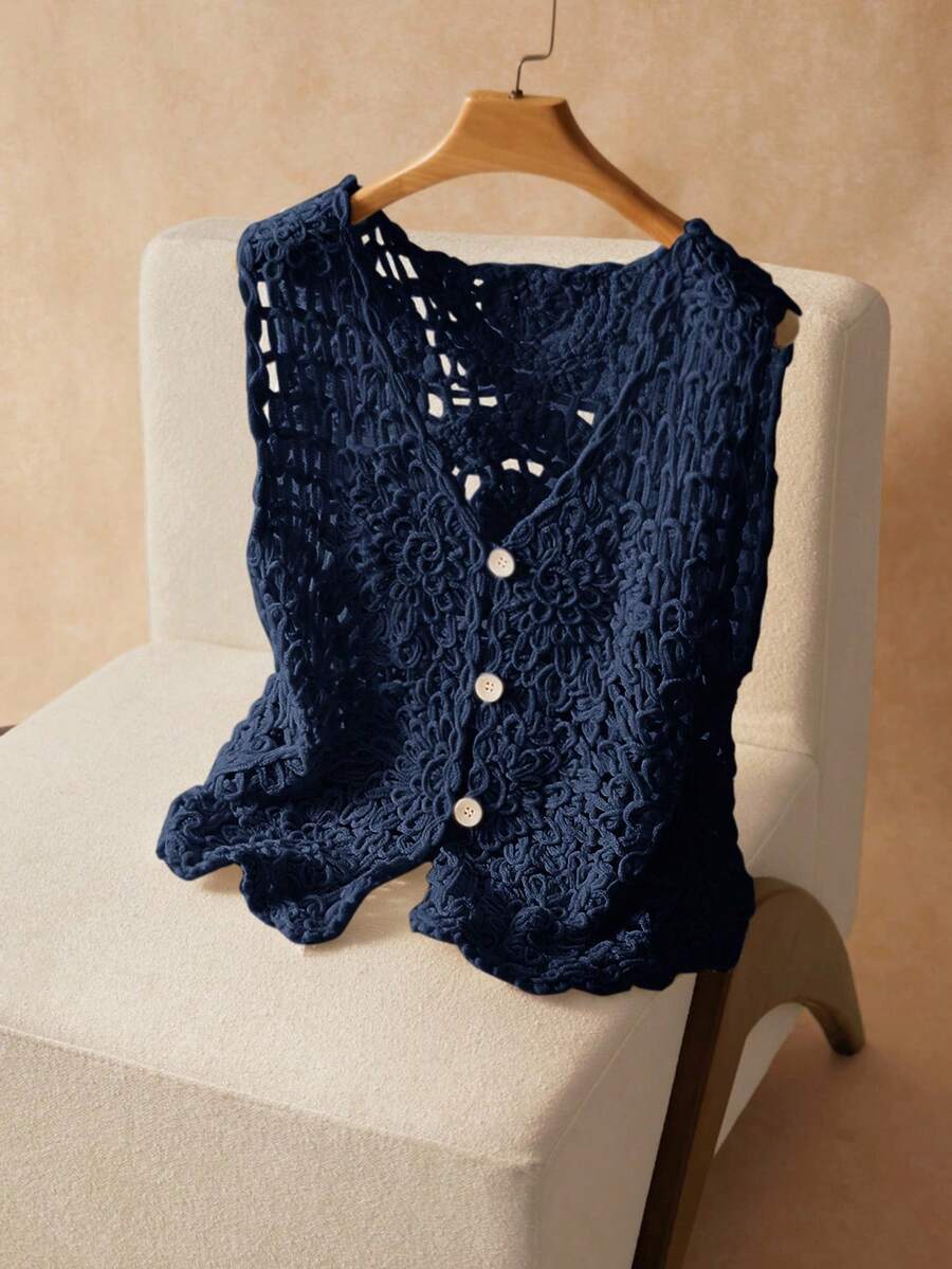 Elaquor Plus Size Women's Solid Color Minimalist Sleeveless Sweater Vest, Everyday Wear Spring To Summer - Navy Blue - View 1