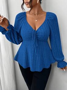 SHEIN Frenchy 大码秋季休闲长袖女装，胸前系带，面料柔软舒适，居家和外出都很漂亮，纯色心形领荷叶边下摆长袖T恤 - 寶藍色 - 查看 5