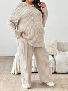 SHEIN 2pcs/Set Maternity Plus Size Solid Color Drop Shoulder Long Sleeve Hooded Sweatshirt And Adjustable Waist Pants, Casual Outfit Maternity Clothes Two Piece Suits 2 Piece Maternity Set Lounge Sets For Women Lounge Sets Plus Size Maternity Lounge Set