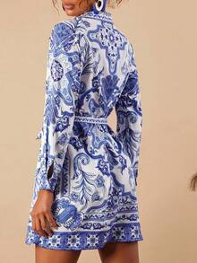 Travachic KIDS Tween Girls' Vacation Casual Elegant Floral Print Long Sleeve Dress - Blue and White - View 2
