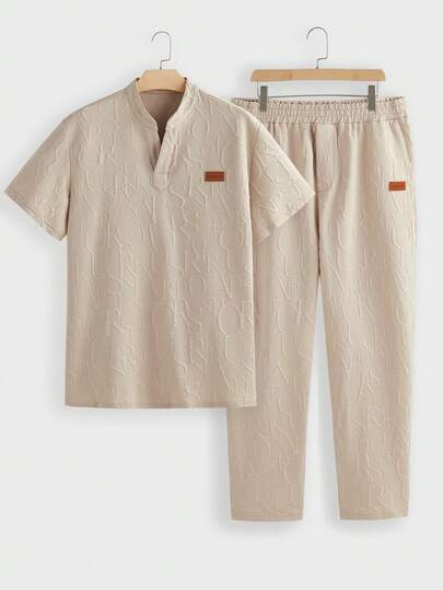 EASEVO 大码男士休闲纯色字母压花T恤和裤子套装