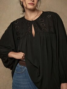 Freevana Áo cánh tay đèn lồng thêu khoét rỗng cỡ lớn cho nữ thời trang rộng rãi - Màu xanh lam - Xem 1