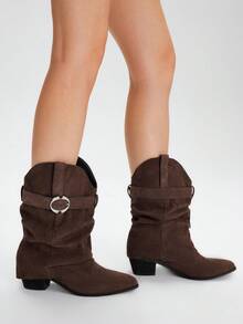 Styleloop Buckle Decor Pleated Pointed Toe Chunky Heel Slip-On Mid-Calf Boots, Suitable For Halloween, Christmas, Party Outfit, Cowboy Boots - Coffee Brown - View 3
