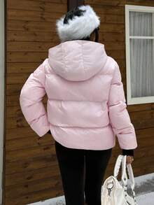 Muchica Casual Streetwear Pink And Black Hooded Padded Coat, Autumn/Winter, New Year Travel - Pink - View 2