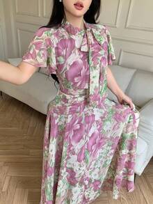 Modelyn 女式荷叶边领口系带泡泡袖喇叭下摆连衣裙 - 彩色 - 查看 7