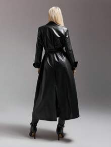 SHEIN ICON 女式长款 PU 夹克，配有可折叠袖口和腰带，适合秋冬女性 - 黑色 - 查看 2