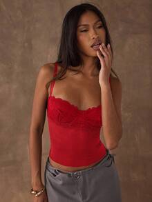 SHEIN BAE Áo hai dây ren phối màu trơn thanh lịch dành cho nữ, mùa hè, gợi cảm, màu đỏ, ngày lễ tình nhân, quà Valentine cho phụ nữ. - Đỏ - Xem 3