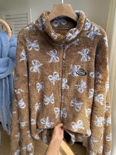 Comfortcana 大码复古棕色蝴蝶结蓬松印花休闲夹克，秋冬