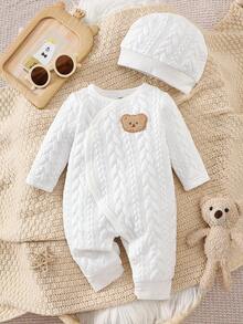 SHEIN 新生儿小熊图案休闲连体衣，秋冬季 - 白色 - 查看 1