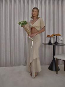 MUSERA Asymmetric Button Down Dipped Waist Knitted Maxi Sweater Skirt Co-Ord Bottoms Only Classy Casual Sexy Streetwear Going Out Toffee Evening Party Elegant Spring - Khaki - View 6