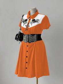 Sunspun Punk Chic Fashion Collared Casual Versatile Contrast Color Spider Print Waist Flare A-Line Dress - Orange - View 5