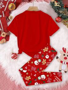 SHEIN 青少年女孩休闲简约圣诞可爱卡通圣诞老人、姜饼人、雪人、圣诞树、铃铛、拐杖糖、雪花图案短袖圆领 T 恤和舒适紧身裤睡衣套装 - 彩色 - 查看 3