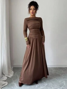 Elenzga Đầm Maxi dài tay dáng chữ A, lưng xếp ly, chất liệu lụa sữa, co giãn trễ vai dành cho nữ, phong cách lãng mạn kiểu Pháp thanh lịch, thích hợp mặc đi làm, thường ngày, dự tiệc, thu đông - màu nâu - Xem 3