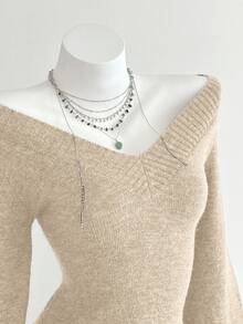 Elamini Women's Casual Solid Color V-Neck Lantern Sleeve Loose Knit Sweater - Khaki - View 3