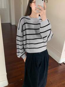 SHEIN TEENGIRL 灰色条纹基本款休闲圆领宽松灯笼袖毛衣，返校，学院风，家居服针织套头衫针织毛衣灰色毛衣可爱毛衣毛衣青少年条纹毛衣秋冬女装 - 灰色 - 查看 5