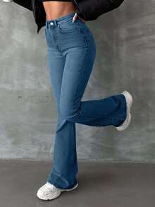 RueChic 98%Cotton Washed Flared Jeans With Slanted Pockets - Blue - View 4