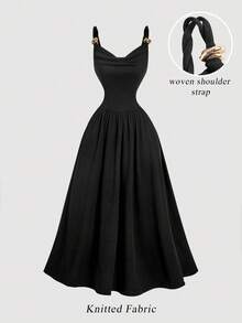 SHEIN MOD Schwarzes ärmelloses Damenkleid mit Metallschnallendekor und plissiertem Kragen in der Taille - Schwarz - Übersicht 3