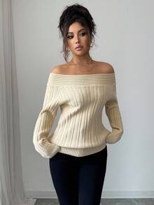 SHEIN Elenzya Elegant Minimalist Solid Color Ribbed Knit Off-Shoulder Sweater, Autumn/Winter - Apricot - View 3