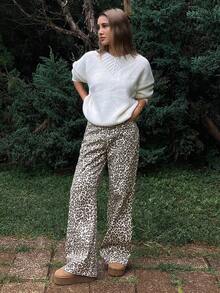 DAZY 女式西部牛仔豹纹喇叭牛仔裤，秋冬休闲街头风格裤 - 棕色 - 查看 6