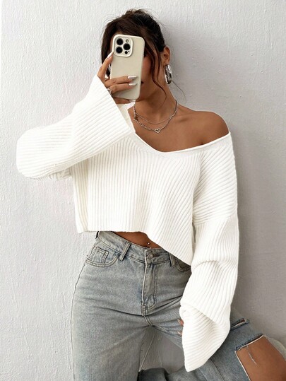 Flirla Women's Dropped Shoulder Long Sleeve V-Neck Casual Sweater With Textured Fabric, Autumn/Winter