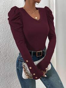 EMERY ROSE Women's Solid Color Casual Long Sleeve T-Shirts, Versatile & Minimalist - Burgundy - View 7
