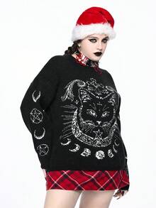 ROMWE Chandail ample de style gothique avec motif de lune et de croix pour Noël, grande taille. Chandail à manches longues pour l'automne/hiver pour femmes de grande taille. Chandail ample à motif de chat, de lune et d'étoiles gothique mignon pour femmes de grande taille. Chandail pour femmes de grande taille - Noir - Voir 6