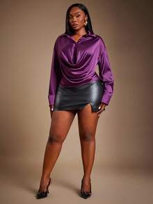 SHEIN SXY Plus Size Women's Autumn/Winter New Sexy Elegant Purple Plunging Neckline Satin Blouse