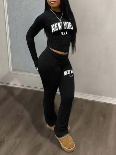 Slaydiva Black Set/Going Out Set For Women/Setup Autumn Winter Women/Women's Fall Clothing/Women's Winter Clothing/Two Pieces Suits/Flare Jeans/Long-Sleeved Tops/Casual Crew Neck Long-Sleeved Yoga Pants Short Pleated Tops Yoga Wide-Leg Pants Flare Pants Women's Two Pieces Suits/Y2k Clothing/Streetwear/Women's Going Out Tops/New York Letter Print