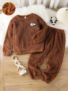 SHEIN 2 件套 Tween Boy 熊猫印花圆领长袖上衣和柔软羊毛睡裤套装，舒适家居睡衣，秋冬 - 棕色 - 查看 6