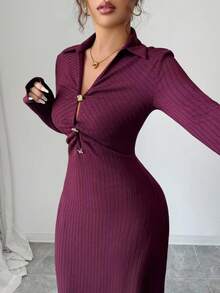 Modelyn 法式设计紧身连衣裙，V领，金属装饰纽扣，收腰，女士修身款 - Bold Plum - 查看 6